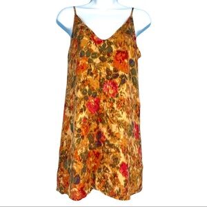 Olivaceous Dress S Slip Mini Lined Spaghetti Strap Abstract Floral Gold Red New